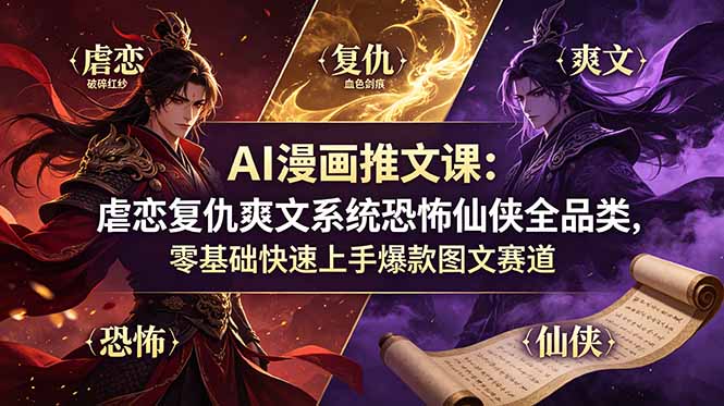 AI漫画推文课：虐恋复仇爽文系统恐怖仙侠全品类，零基础快速上手爆款图文赛道-零创仓
