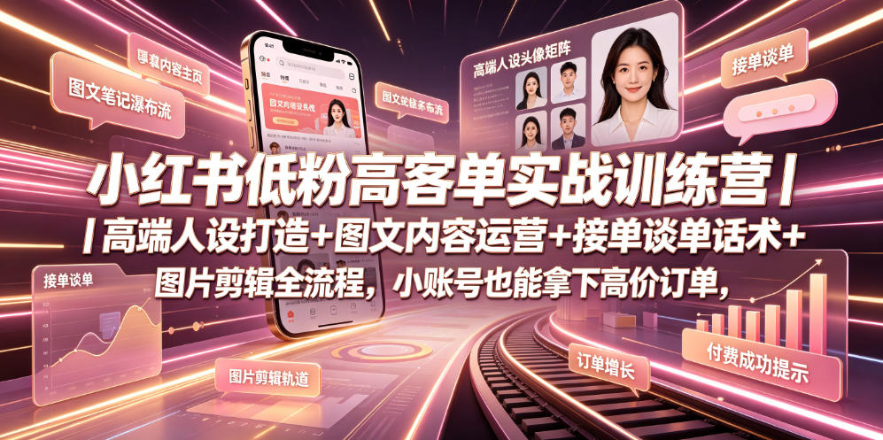 小红书低粉高客单实战训练营｜高端人设打造+图文内容运营+接单谈单话术+图片剪辑全流程，小账号也能拿下高价订单-零创仓