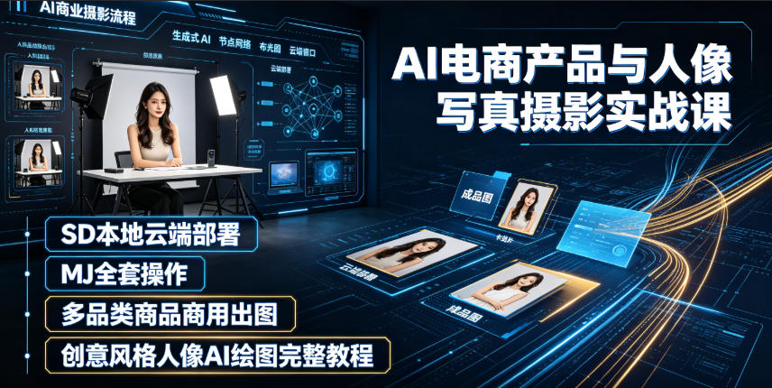 AI电商产品与人像写真摄影实战课｜SD本地云端部署、MJ全套操作、多品类商品商用出图、创意风格人像AI绘图完整教程-零创仓