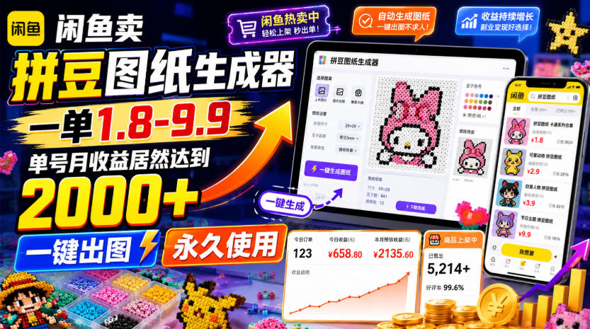 闲鱼卖拼豆图纸生成器，一单1.8-9.9，单号月收益居然达到2000+一键出图永久使用-零创仓