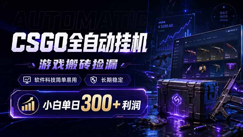 CSGO全自动挂机，游戏搬砖捡漏，软件科技简单易用，长期稳定，小白单日300+利润-零创仓