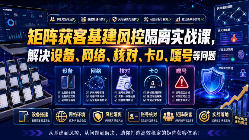 矩阵获客基建风控隔离实战课，解决设备、网络、核对、卡0、嘎号等问题-零创仓