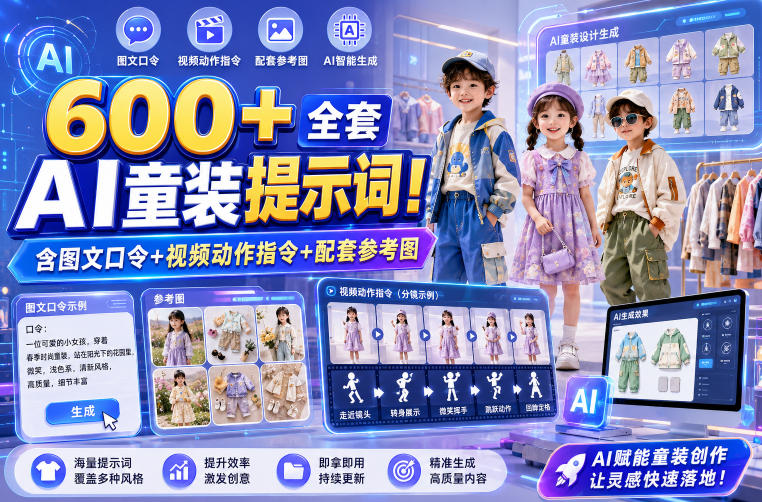 600+全套AI童装提示词！含图文口令+视频动作指令+配套参考图，Word-Excel规整分类，童装电商、种草无脑量产内容！-零创仓