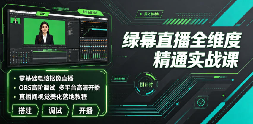 绿幕直播全维度精通实战课｜零基础电脑抠像直播、OBS高阶调试、多平台高清开播、直播间视觉美化落地教程-零创仓