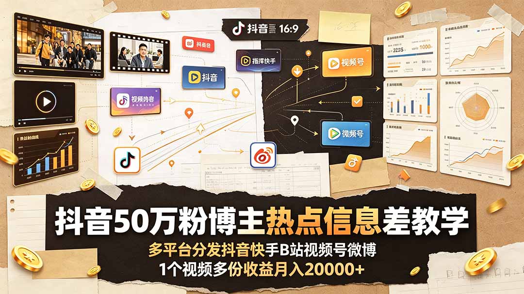 抖音50万粉博主热点信息差教学：多平台分发抖音快手B站视频号微博，1个视频多份收益月入20000+-零创仓