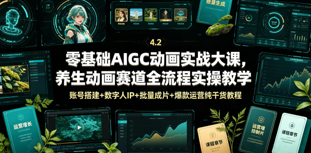 零基础AIGC动画实战大课，养生动画赛道全流程实操教学，账号搭建+数字人IP+批量成片+爆款运营纯干货教程-零创仓
