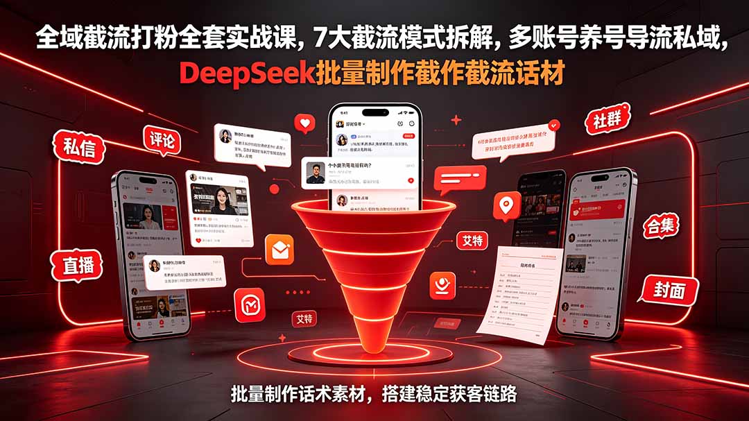 全域截流打粉全套实战课,7大截流模式拆解,多账号养号导流私域,DeepSeek批量制作截流话术素材-零创仓