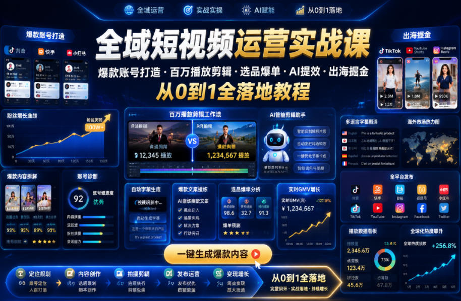 全域短视频运营实战课，爆款账号打造・百万播放剪辑・选品爆单・AI提效・出海掘金，从0到1全落地教程-零创仓