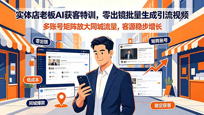 实体店老板AI获客特训，零出镜批量生成引流视频，多账号矩阵放大同城流量，客源稳步增长-零创仓