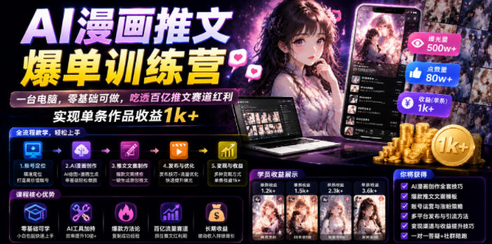 AI漫画推文爆单训练营,一台电脑,零基础可做,吃透百亿推文赛道红利,实现单条作品收益1k+-零创仓