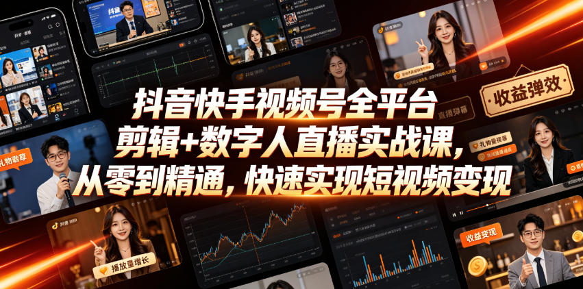 抖音快手视频号全平台剪辑+数字人直播实战课，从零到精通，快速实现短视频变现(更新2026年6月)-零创仓