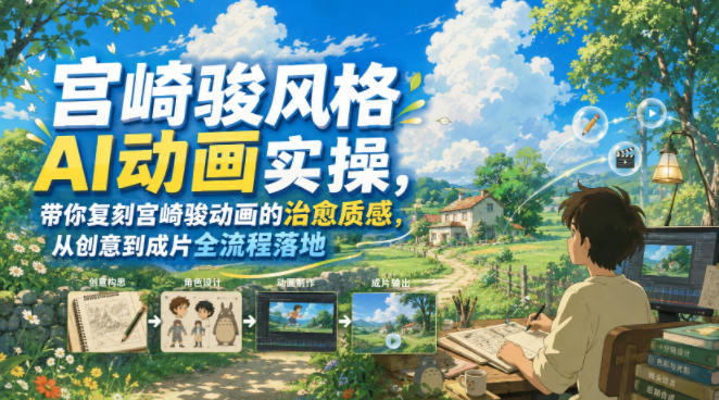 宫崎骏风格AI动画实操，带你复刻宫崎骏动画的治愈质感，从创意到成片全流程落地-零创仓