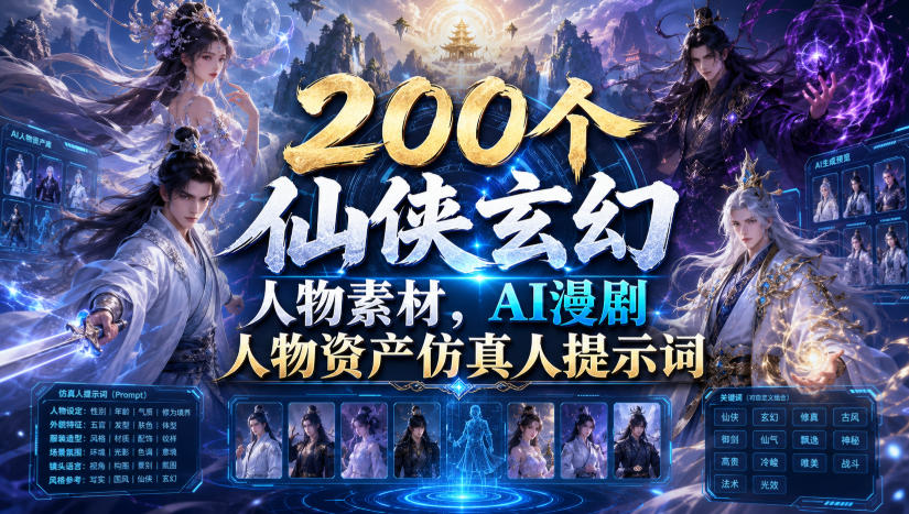 200个仙侠玄幻人物素材，AI漫剧人物资产仿真人提示词-零创仓