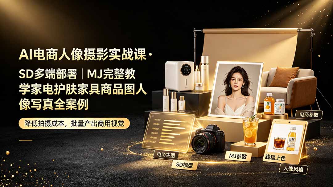 AI电商人像摄影实战课·SD多端部署｜MJ完整教学｜家电护肤家具商品图人像写真全案例-零创仓