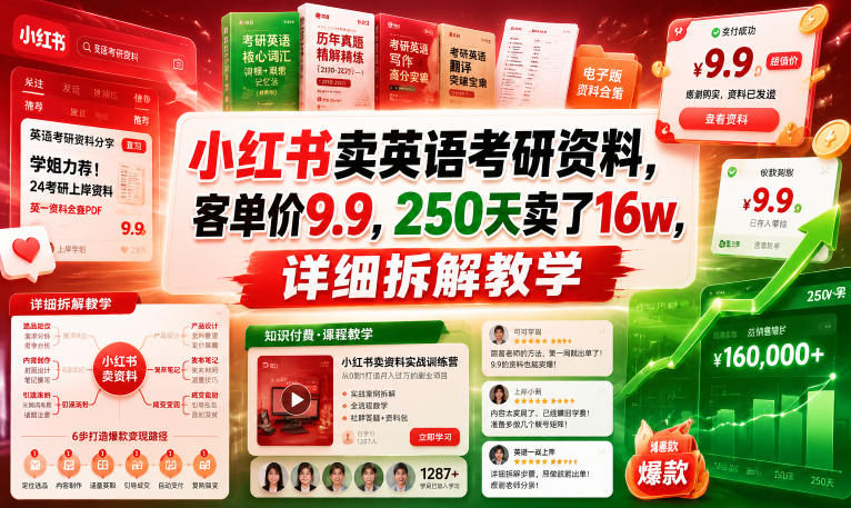 小红书卖英语考研资料,客单价9.9,250天卖了16w,详细拆解教学-零创仓