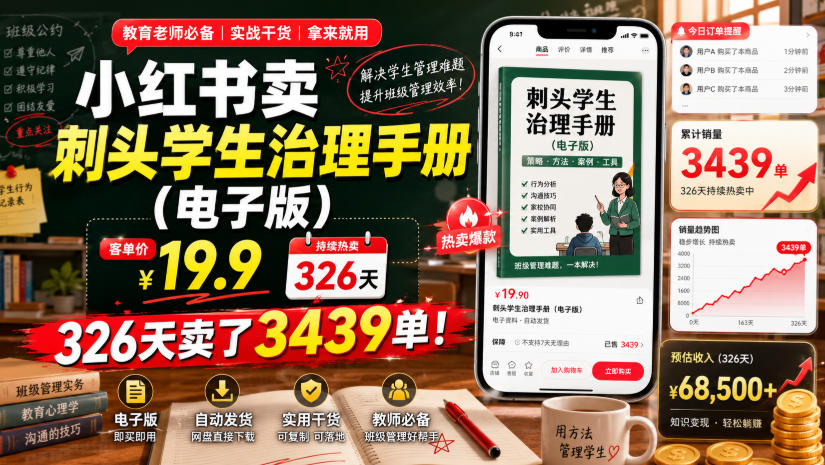 小红书卖刺头学生治理手册(电子版)，客单价19.9，326天卖了3439单！-零创仓
