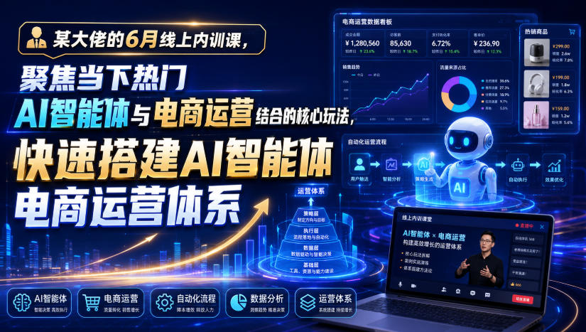 某大佬的6月线上内训课，聚焦当下热门AI智能体与电商运营结合的核心玩法，快速搭建AI智能体电商运营体系-零创仓