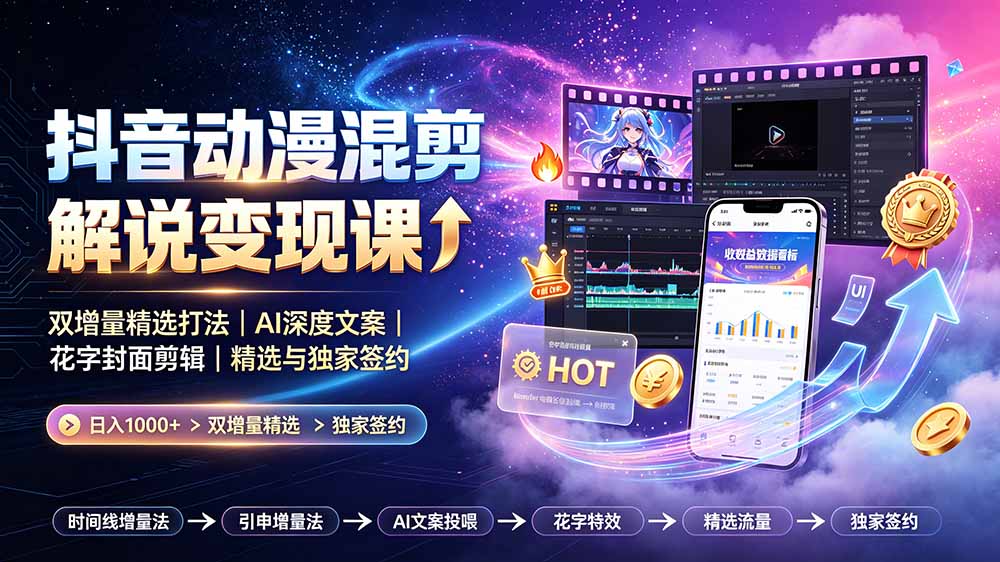 抖音动漫混剪解说变现课：双增量精选打法｜AI深度文案｜花字封面剪辑｜ 精选与独家签约日入1000+-零创仓