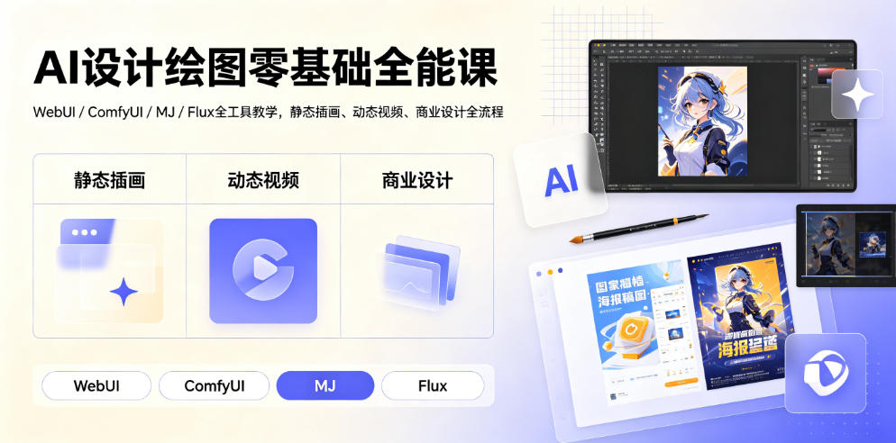 AI设计绘图零基础全能课|WebUI/ComfyUI/MJ/Flux全工具教学,静态插画、动态视频、商业设计全流程-零创仓