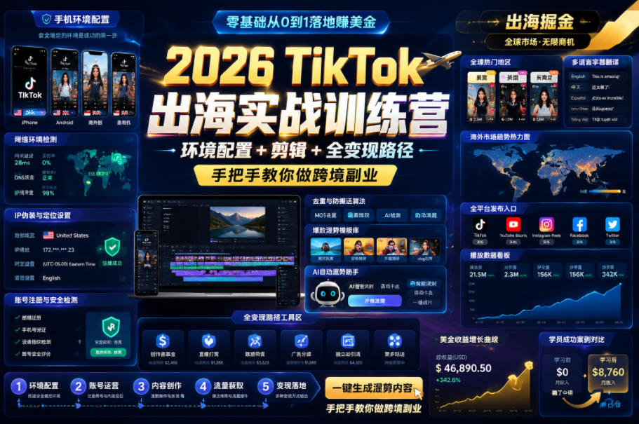 2026 TikTok出海实战训练营,环境配置 + 剪辑 + 全变现路径,手把手教你做跨境副业-零创仓