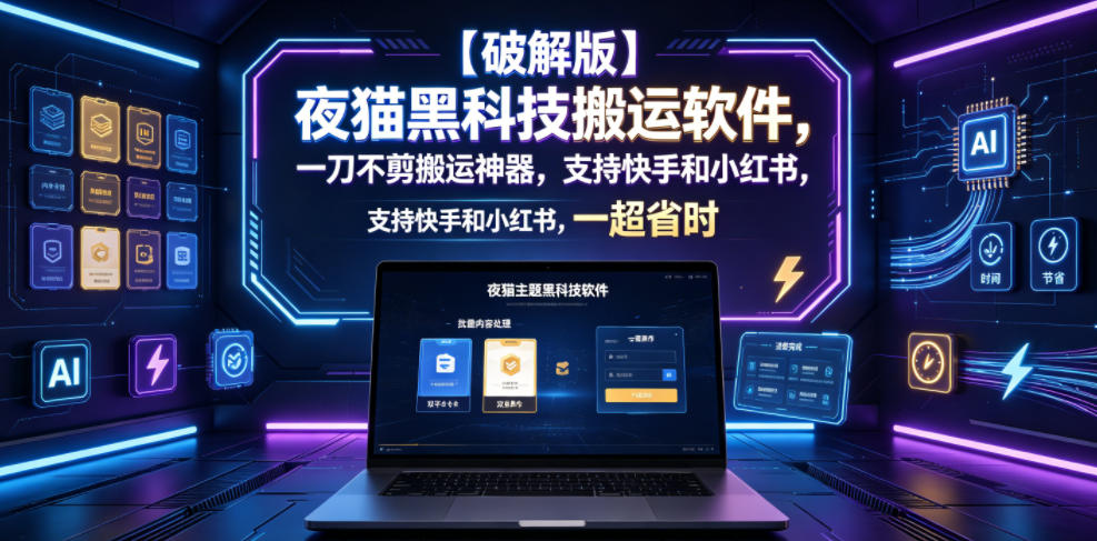 【破解版】夜猫黑科技搬运软件,一刀不剪搬运神器,支持快手和小红书,一键搬运超省时!-零创仓