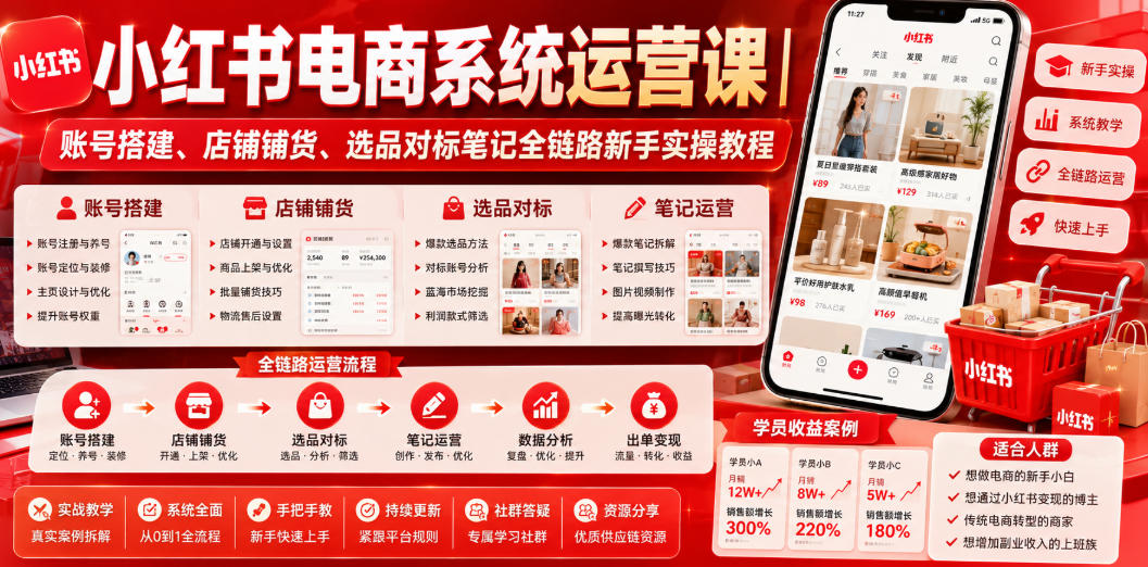 小红书电商系统运营课｜账号搭建、店铺铺货、选品对标笔记全链路新手实操教程-零创仓