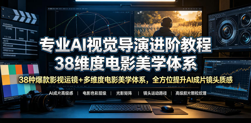 专业AI视觉导演进阶教程，38种爆款影视运镜+多维度电影美学体系，全方位提升AI成片高级感与镜头质感-零创仓