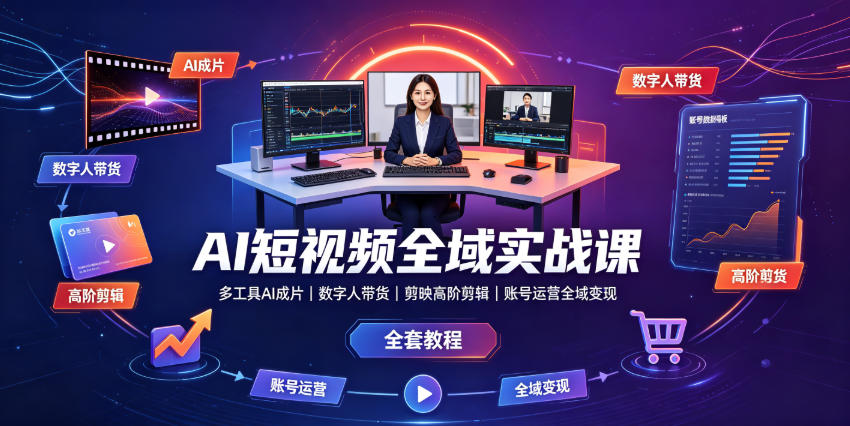 AI短视频全域实战课|多工具AI成片、数字人带货、剪映高阶剪辑、账号运营全域变现全套教程-零创仓