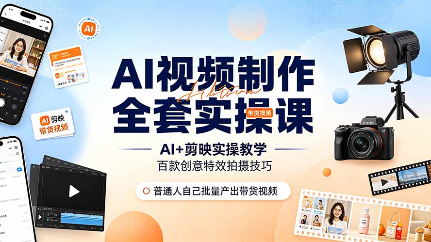 AI视频制作全套实操课，多款AI工具搭配剪映教学，百种特效运镜拍摄实操，抖音账号带货运营全覆盖-零创仓