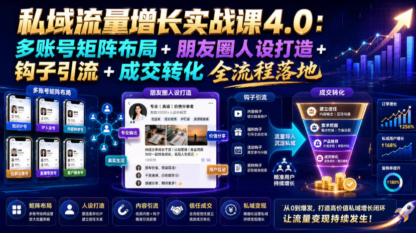 私域流量增长实战课4.0：多账号矩阵布局+朋友圈人设打造+钩子引流+成交转化全流程落地-零创仓