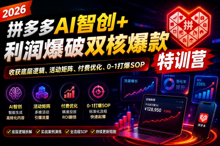 2026拼多多AI智创+利润爆破双核爆款特训营，收获底层逻辑、活动矩阵、付费优化、0-1打爆SOP-零创仓