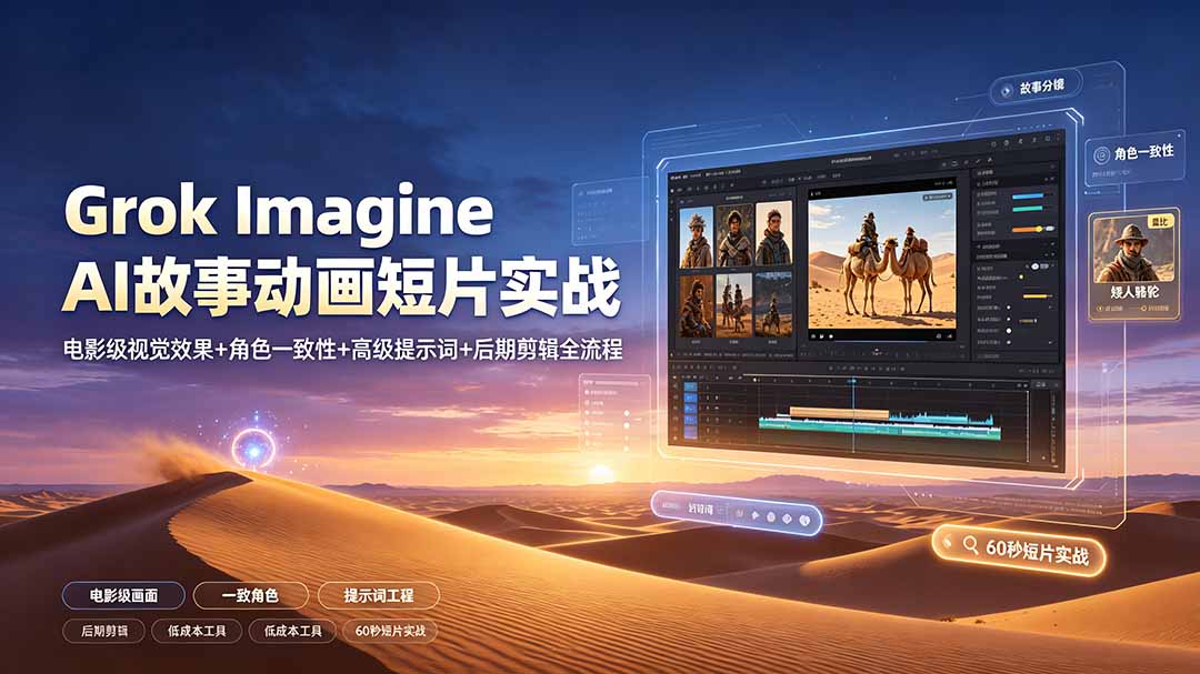 Grok Imagine AI故事动画短片实战：电影级视觉效果+角色一致性+高级提示词+后期剪辑全流程-零创仓