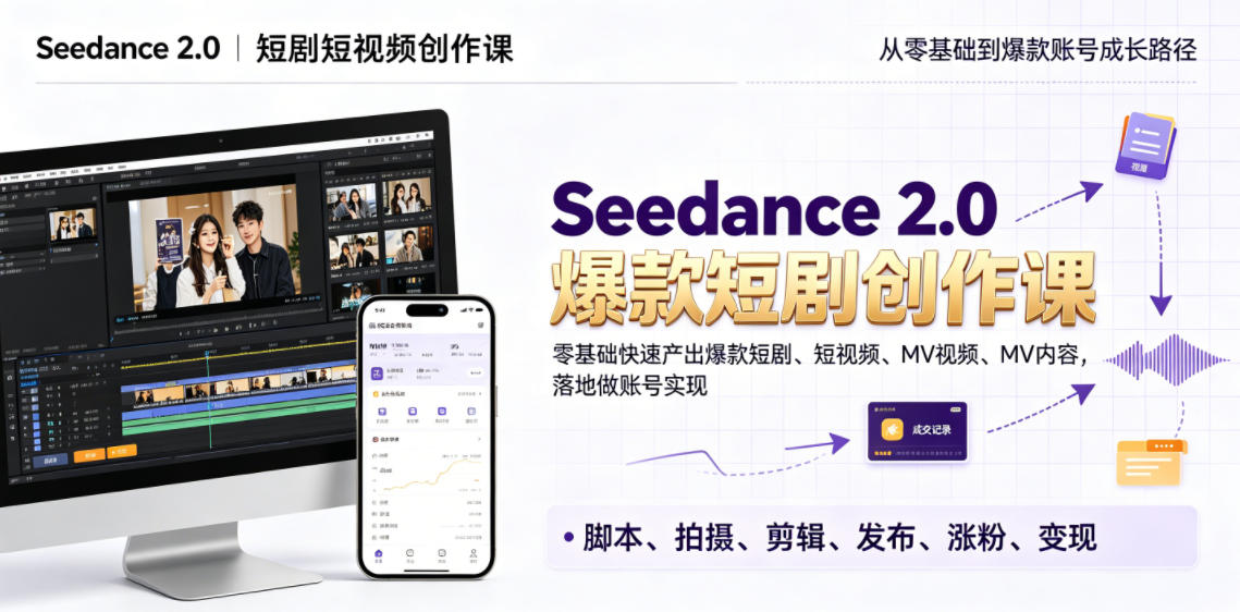Seedance 2.0短剧短视频创作课,零基础快速产出爆款短剧、短视频、MV内容,落地做账号实现变现-零创仓