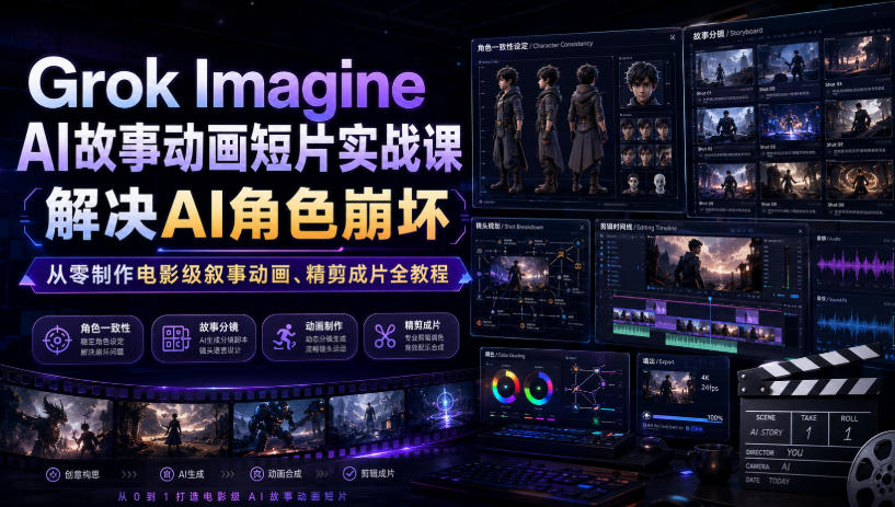 Grok Imagine AI故事动画短片实战课｜解决AI角色崩坏，从零制作电影级叙事动画、精剪成片全教程(中英字幕)-零创仓