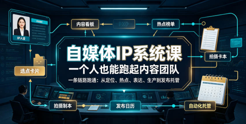 自媒体IP系统课，一个人也能跑起内容团队，一条链路跑通，从定位、热点、表达、生产到发布托管-零创仓