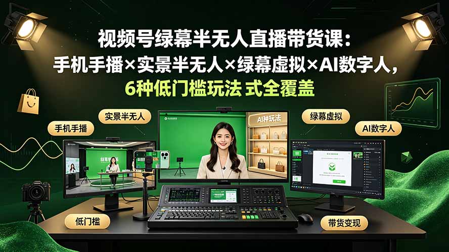 视频号绿幕半无人直播带货课：手机手播×实景半无人×绿幕虚拟×AI数字人，6种低门槛玩法全覆盖-零创仓