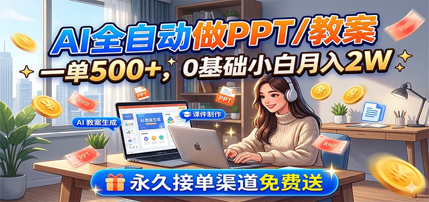 AI全自动做PPT/教案，一单500+，0基础小白月入2W，永久接单渠道免费送-零创仓