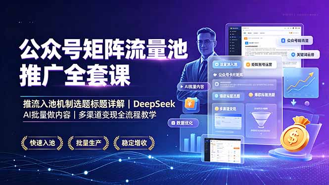 公众号矩阵流量池推广全套课，推流入池机制选题标题详解，DeepSeek AI批量做内容，多渠道变现全流程教学-零创仓