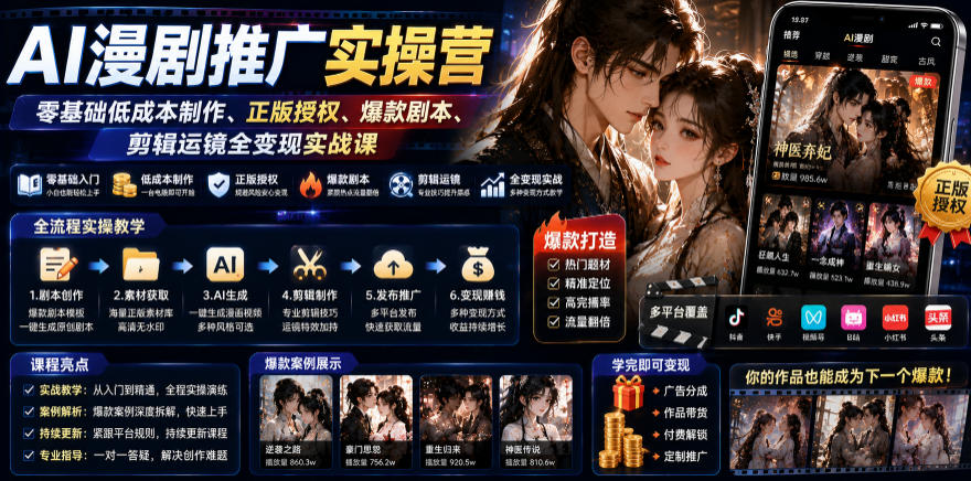 AI漫剧推广实操营｜零基础低成本制作、正版授权、爆款剧本、剪辑运镜全变现实战课-零创仓