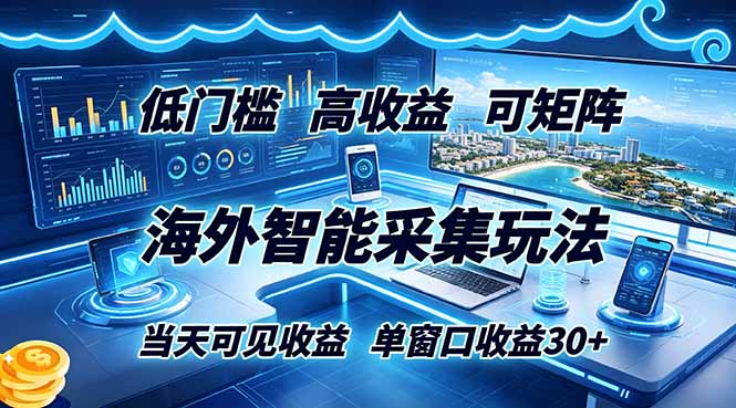 海外智能采集玩法,低门槛高单价可矩阵,当天可见收益,单窗口30+-零创仓