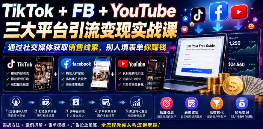 TikTok+FB+YouTube三大平台引流变现实战课,通过社交媒体获取销售线索,别人填表单你賺钱【原创双语字幕】-零创仓