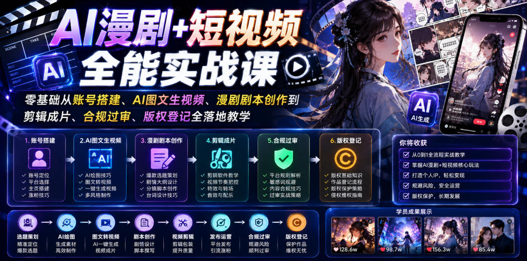 AI漫剧+短视频全能实战课｜零基础从账号搭建、AI图文生视频、漫剧剧本创作到剪辑成片、合规过审、版权登记全落地教学-零创仓