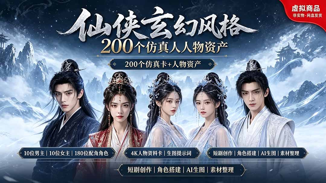 200个仙侠玄幻仿真人素材◆10男主×10女主×180配角，4K资料卡+AI生图提示词，漫剧必备-零创仓