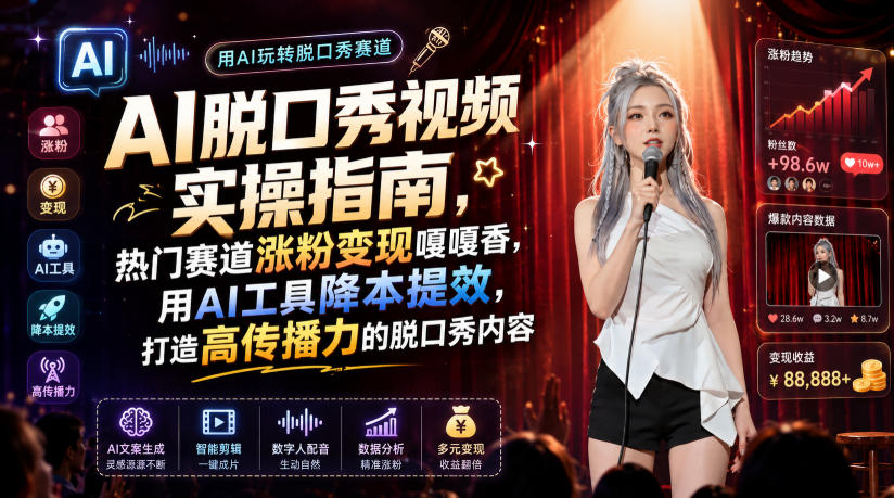 AI脱口秀视频实操指南，热门赛道涨粉变现嘎嘎香，用AI工具降本提效，打造高传播力的脱口秀内容-零创仓