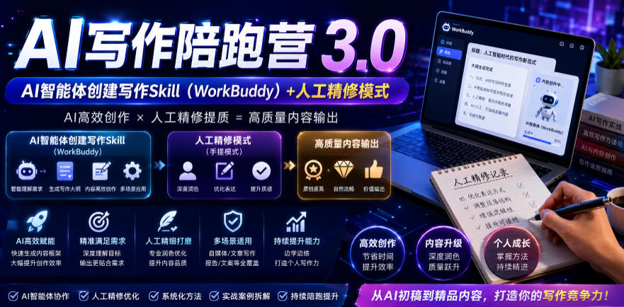 AI写作陪跑营3.0,Ai智能体创建写作skill(workbuddy)+人工手写模式(手搓模式),去除AI痕迹(头条号、公众号、百家号)-零创仓