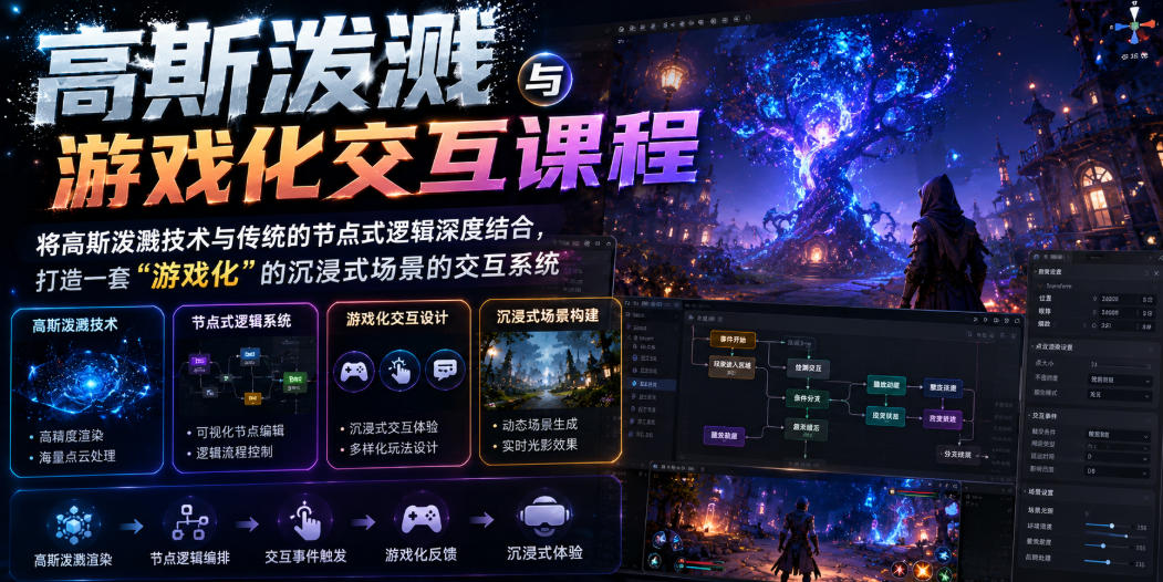 高斯泼溅与游戏化交互课程，将高斯泼溅技术与传统的节点式逻辑深度结合，打造一套“游戏化”的沉浸式场景的交互系统-零创仓