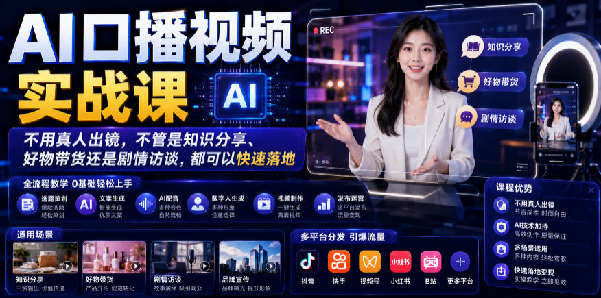 AI口播视频实战课，不用真人出镜，不管是知识分享、好物带货还是剧情访谈，都可以快速落地-零创仓