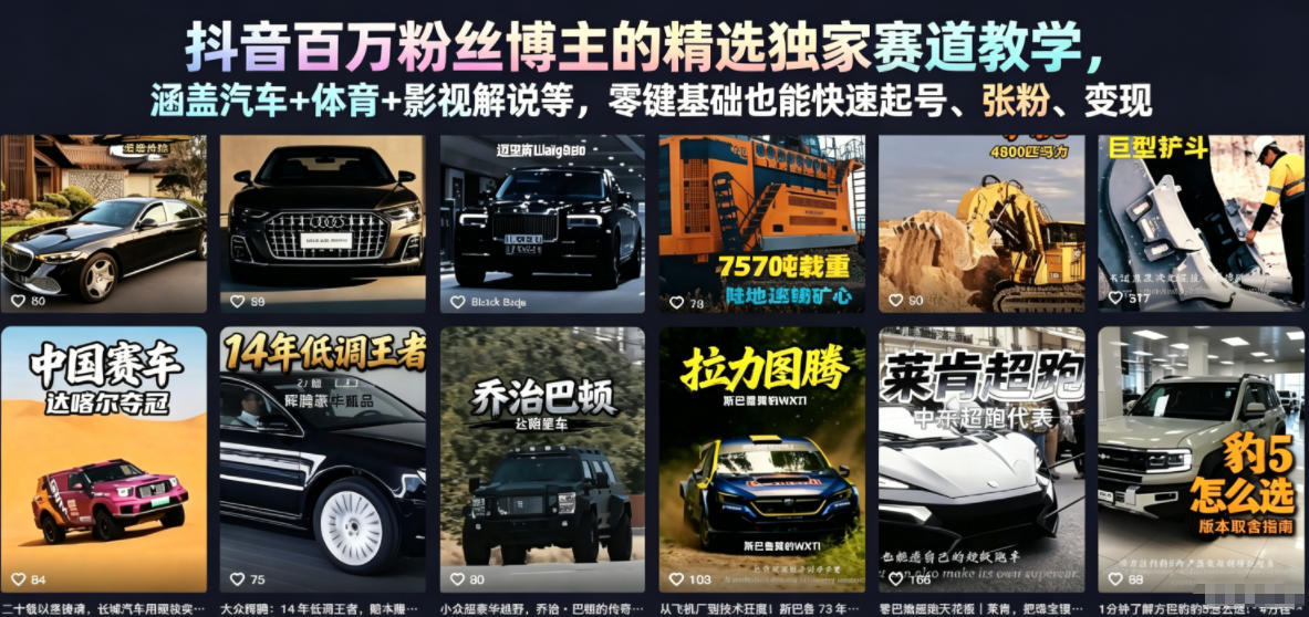 抖音百万粉丝博主的精选独家赛道教学,涵盖汽车+体育+影视解说等,零基础也能快速起号、涨粉、变现(更新0701)-零创仓
