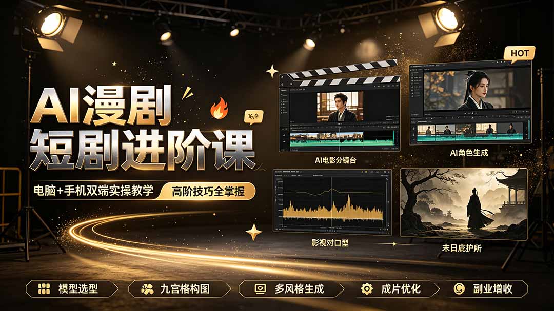 AI漫剧短剧进阶课｜电脑+手机双端实操教学｜影视剧对口型人物吃瓜×解压末日庇护所全程讲解，高阶技巧全掌握-零创仓