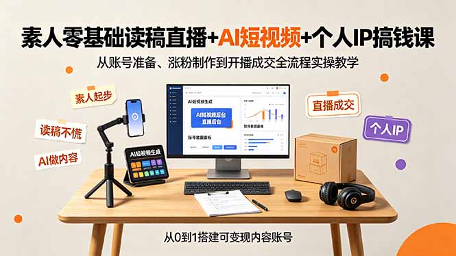 素人零基础读稿直播+AI短视频+个人IP搞钱课，从账号准备、涨粉制作到开播成交全流程实操教学-零创仓